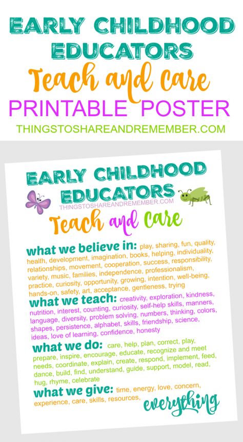 Early Childhood Educators TEACH and CARE Printable Poster from Share & Remember Early Childhood Education Classroom, Early Childhood Teacher, Early Childhood Development, Childhood Development, Preschool Education, Education Motivation, Education Quotes For Teachers, High School Education, Education Kindergarten