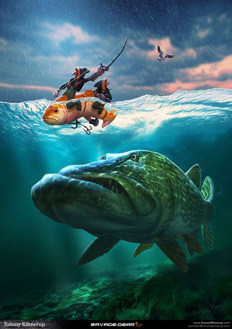 Fish illustrations that I did for a known fishing tackle brand called Savage Gear. The illustrations is being used in their brand profiling and marketing for the products. The result over the last years have been overwhelming, and fans all over the world &#8230; Pesca In Mare, Fish Artwork, Under The Water, Bowfishing, Pike Fishing, Fish Illustration, Under Water, Random Art, Sea Monsters