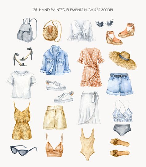 Watercolor Skirt Outfit, Shorts Sketch Fashion Illustrations, Watercolor Clothes Illustration, Summer Outfits Drawing, Summer Clothes Clipart, Clothes Clipart, Fashion Outfits Summer, Fashion Design Inspiration, Clothes Illustration