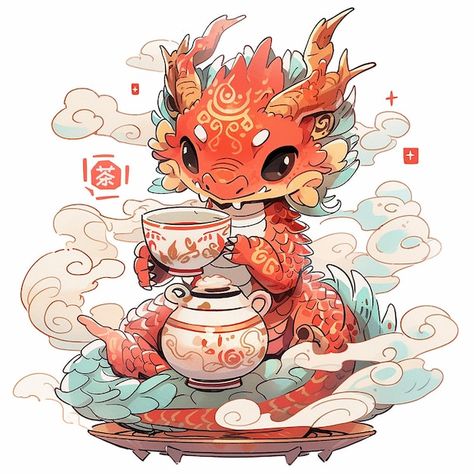 Chinese dragon drinking tea Chinese zodiac sign Cool Dragon Drawings, Chinese Dragon Drawing, Chibi Dragon, Tea Chinese, Chinese Zodiac Dragon, Cute Dog Cartoon, Snake Illustration, Dragon Chino, Dragon Zodiac