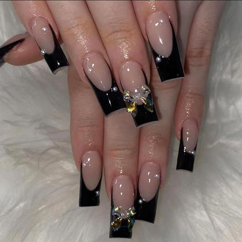 #affiliate #ad @amazon press on nails, nail art, black nail art ideas, bow nails, french tip nails, spring and summer nails Fake Nails Long, Press On Nails Long, Nagellack Trends, Nagel Tips, Flower Nail Designs, Y2k Nails, French Acrylic Nails, Nails For Women, Black French