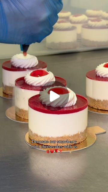 HERIOTS - Patisserie on Instagram: "Decorate our strawberry mini cheesecakes with us! 🍓❣️  Since you loved our passion fruit mini cheesecake video, we thought we’d share even more mini cheesecake deliciousness with you! 😌  Sitting on a classic biscuit base is a layer of smooth Philadelphia cheesecake, topped by handmade strawberry glaze and a fresh cream swirl. 🍓  These are as delicious as they look. Have you tried our strawberry mini cheesecakes yet?" Cheesecake Decoration, Mini Mousse, Mini Strawberry Cheesecake, Philadelphia Cheesecake, Individual Cheesecakes, Strawberry Glaze, Mini Tortillas, Fancy Desserts, Mini Cheesecakes