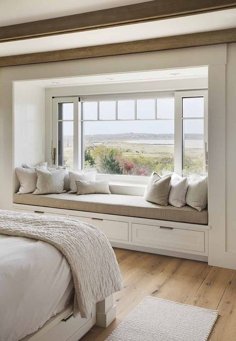 Gorgeous beach house in Martha’s Vineyard with barn-like details Desain Furnitur Modern, Ideas Videos, Bilik Tidur, Hus Inspiration, घर की सजावट, Bedroom Designs, Window Seat, Design Case, Home Decor Bedroom