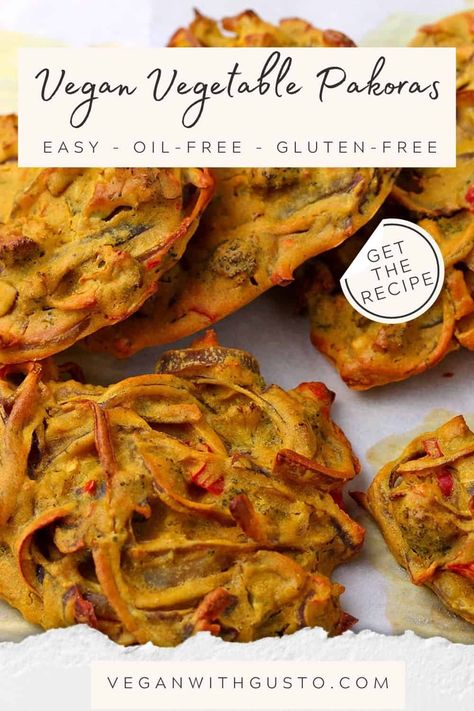 If you're searching for a healthy, vegan, oil-free side dish, I've got you covered. This easy baked vegetable pakora recipe even has hidden broccoli and is gluten-free! 7 ingredients and minimal prep make nutritious vegetable pakoras a delicious snack, a quick vegan breakfast, and the perfect side dish for curry recipes or other Indian cuisine. Are you ready to make delicious and healthy pakoras? Get the recipe for all the info you need! Baked Pakora Recipe, Savoury Appetizers, Quick Vegan Breakfast, Vegetable Pakora, Vegan Baked Goods, Pakora Recipe, Creamy Potatoes, Oil Free Vegan Recipes, Wraps Recipes