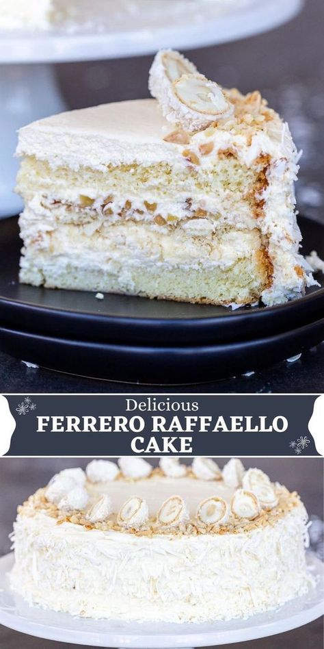 Ferrero Raffaello Cake, Almond Coconut Cake Recipe, Rafaelo Cake Recipes, Almond Milk Cake Recipes, Rafaello Cake Recipes, Raffaelo Cakes, Coconut Mousse Cake, Cake Rafaello, Rafaelo Cake