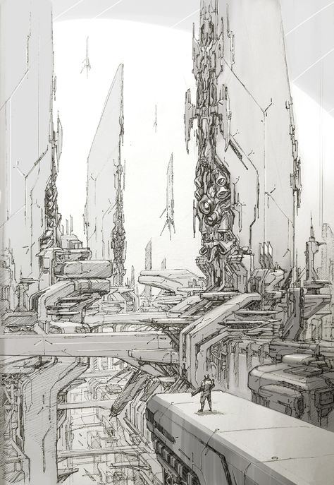 ArtStation - Sketch_Space colony_0224, Won Jun Tae Fiction Background, Background Fantasy, Scifi City, Perspective Drawing Architecture, City Sketch, Sci Fi Environment, Building Concept, City Drawing, Perspective Art