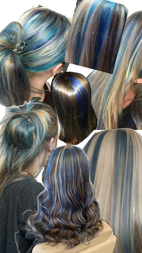 Blond Hair With Blue Peekaboos, Blonde Hair Teal Highlights, Oil Spill Hair Color, Colored Hair For Blondes, Blue Calico Hair, Blond Hair With Blue Highlights, Haïr Style Ideas, Blue Balayage Blonde, Blue Hair Highlights Blonde