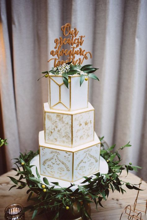 White & Gold Geometric Wedding Cake //  Images By Ed Godden Photography Bride Images, Geometric Wedding Cakes, Wedding Cake Images, Wedding Brides, Wedding Expo, Geometric Inspiration, Geometric Wedding, Wedding Reception Tables, Contemporary Wedding