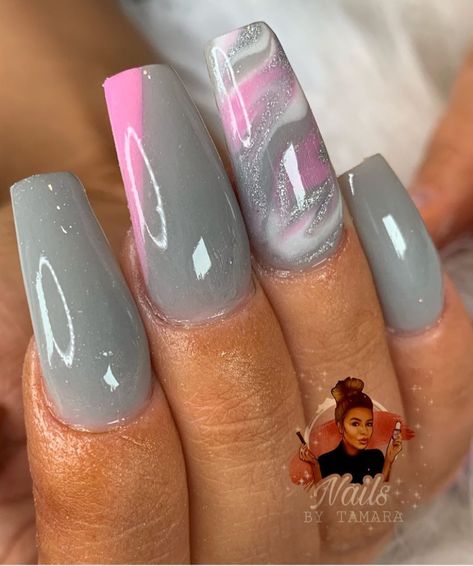 Pink Grey Nails, Peach Acrylic Nails, Nail Art Pink, Grey Acrylic Nails, Natural Acrylic Nails, Grey Nail Designs, Skull Nails, Marble Nail Designs, Peach Nails