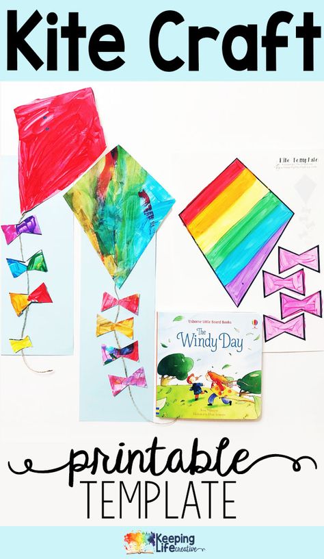 Simple kite craft template for a unique windy day springtime creation to hang on the bulletin board or fridge! Super cute kite craft for preschoolers. Kite Craft Template, Kites Preschool, Kite Template, Kite Craft, Weather Activities Preschool, April Preschool, Kites Craft, Preschool Weather, Weather Crafts