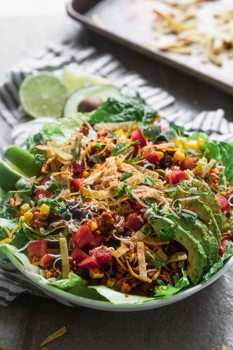 Chicken Enchilada Taco Salad - Cooking for Keeps Enchilada Salad, Tex Mex Salad, Salad Inspiration, Taco Salads, Lime Vinaigrette, Favorite Recipes Dinner, Cold Salad, Chicken Enchilada, Potato Soup Recipe