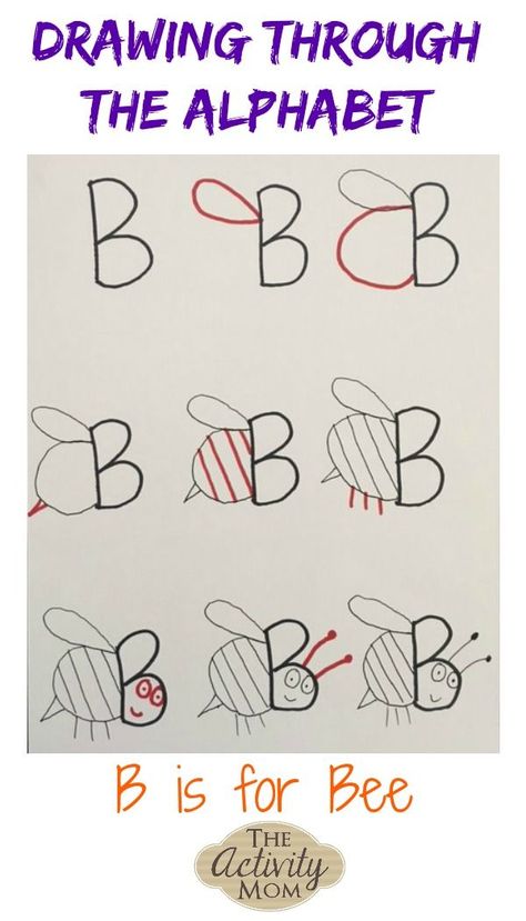 Simple Drawing Tutorials for Kids Drawing Through the Alphabet  B is for Bee  #drawingforkids #alphabet #lettersounds #howtodraw Drawing Through The Alphabet, Drawing With Letters, Art Projects For Kids Preschool, B Is For Bee, Collaborative Art Projects For Kids, Kindergarten Drawing, Mom Drawing, Alphabet Drawing, Drawing Videos For Kids