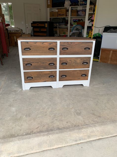 I took this tired, so in need of attention and love dresser and breathed some fresh air into her🥰 I used Waverly white chalk paint and Minwax stain in espresso to achieve this two toned look. I purchased the cup pulls from D Lawless Hardware, you cannot beat their prices and quality. This had 3 layers of paint and primer that i removed from the top and drawers, then I sanded for what seemed like days! But she is beautiful and solid now😍 Two Tone Furniture, Minwax Stain, Beautiful Dresser, White Dresser, White Chalk Paint, Cup Pulls, Old Dressers, Furniture Renovation, White Chalk