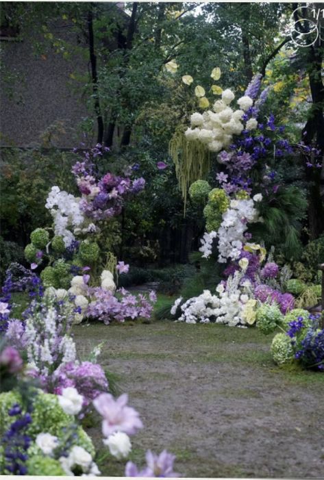 Unstructured Floral Arrangements Wedding, Wedding Florals Purple, Lilac Green Wedding, Purple Arch Wedding, Wisteria Chuppah, Purple Green And White Wedding, Purple And Green Wedding Decorations, Wisteria Wedding Arch, Pink Purple White Green Wedding