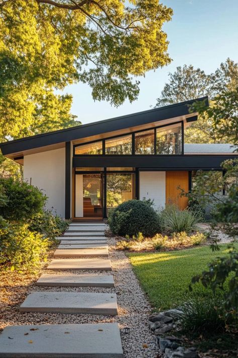 40 Cool Retro Exterior Houses You'll Love Mid Century Roof Lines, Flat Roof Homes Exterior Design, House Exterior Mid Century Modern, Modern Neighborhood Street, Modern House Design Exterior 1 Story, Mid Century Modern Stucco Exterior, Beach Homes Exterior Seaside Coastal, Midcentury Modern Exterior Houses, Mid Century Modern House Facade