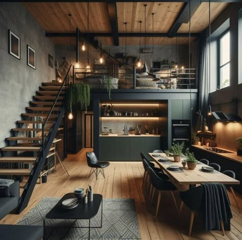 A Frame Loft House, Industrial Loft Apartment Warehouse Living, Loft Type House, Loft Apartment Industrial, Condo Inspiration, Industrial Loft Design, Warehouse Living, Loft House Design, Casa Interior