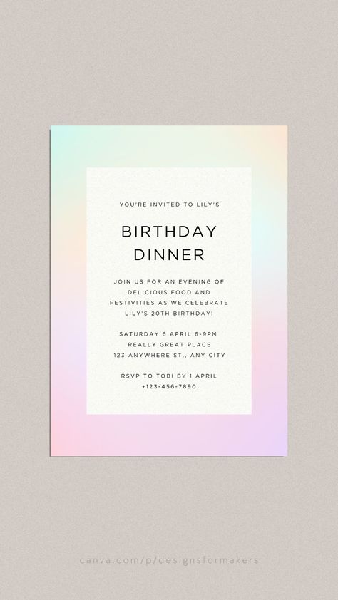 Rainbow Pastel Modern Elegant 20th Birthday Invitation 20th Birthday Invitations, Etsy Shop Branding, Turning 20, Wedding Newspaper, Etsy Branding, Rainbow Pastel, Birthday Blessings, Birthday Invitation Template, 20th Birthday