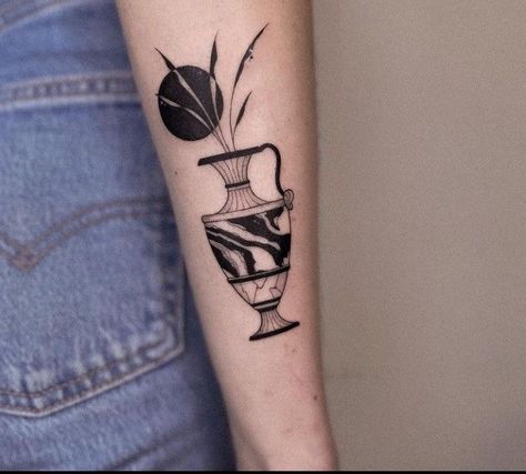 Abstract Vase Tattoo, Vase Tattoo Design Simple, Egyptian Vase Tattoo, Plant In Vase Tattoo, Plant Vase Tattoo, Amphora Tattoo, Traditional Vase Tattoos, Greek Vase Tattoo, Vase Tattoo Design