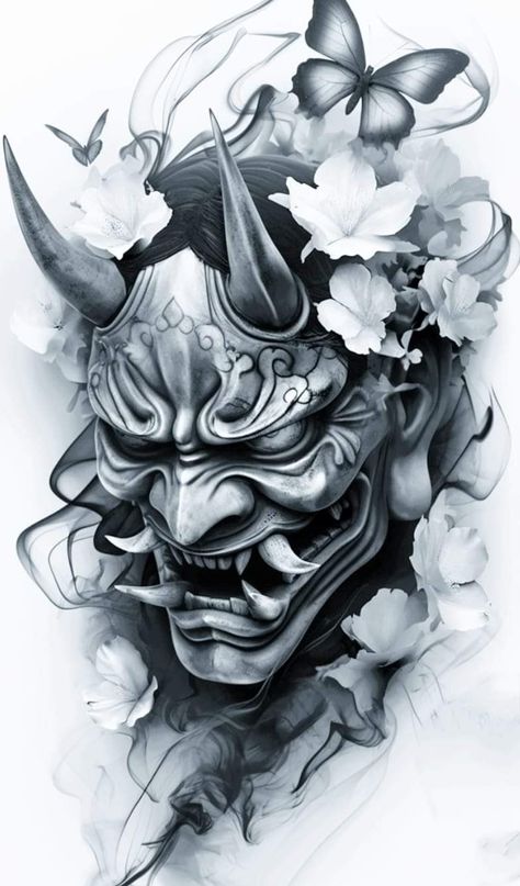 Hannya Mask Half Sleeve Tattoo, Omi Mask Tattoo Design, Samurai Hannya Mask Tattoo, Samurai Oni Mask Tattoo, Japanese Oni Tattoo Design, Onryō Tattoo, Dot Work Tattoo Design Ideas, Half Hannya Mask, Dragon Realism Tattoo