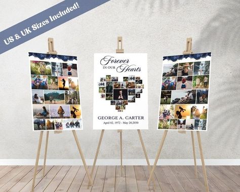 Honor the memory of a loved one with this beautiful editable funeral poster photo display which consists of 3 poster collages. Give a proper send-off through heartfelt funeral décor; these 3 photo collage displays add a lovely touch to any memorial service. Click to edit them and add your own photos. Photo Collage Board, Photo Collage Poster, 21 Party, Birthday Photo Collage, Collage Foto, Heart Collage, Collage Board, Event Template, Montage Photo