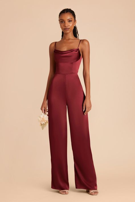 Not the traditional bridesmaid? Choose one of our ultra-modern jumpsuits for a sleek and chic look. Available in Burgundy. Shop Birdy Grey! Get ready to dance the night away in this comfortable, modern jumpsuit. | Burgundy Bridesmaid Dress Matte Satin Size 0X | Birdy Grey Donna Bridesmaid Jumpsuit Berry Bridesmaid Dresses, Modern Jumpsuit, Bridesmaid Jumpsuit, White Dresses For Sale, Bridesmaids Jumpsuits, Burgundy Jumpsuit, Tuxedo Women, Burgundy Bridesmaid, Birdy Grey