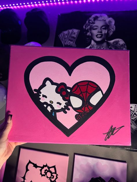 Hello Kitty And Spiderman, Hello Kitty Painting, Spiderman Painting, Kitty Painting, Hello Kitty Crafts, Kitty Drawing, Simple Canvas Paintings, Cute Canvas Paintings, Easy Canvas Art