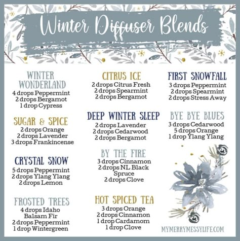 10 Winter Diffuser Blends with Essential Oils – My Merry Messy Life Essential Oils For Air Freshener, Home Made Diffuser Oil, Winter Scents Essential Oils, Winter Essential Oil Diffuser Blends, Winter Diffuser Recipes, Snow Day Diffuser Blend, Winter Oil Blends, Cozy Essential Oil Blends, Candle Recipes With Essential Oils