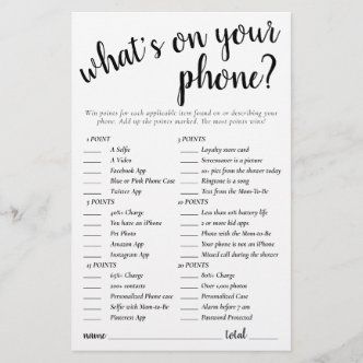 Whats On Your Phone, What's On Your Phone Game, Reveal Party Games, Modern Baby Shower Games, Gender Reveal Party Games, Pink Games, Purse Game, Chic Baby Shower, Whats In Your Purse