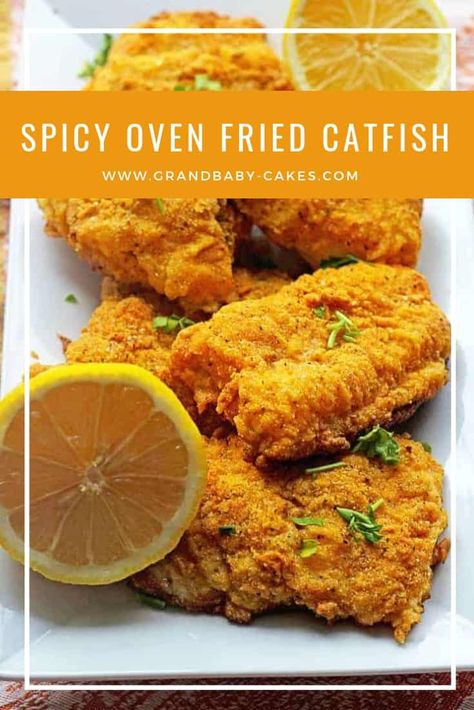 Perfectly flavorful oven fried catfish with a spicy edge.  Get that fantastic Southern flavor without the extra fat of frying. #catfish #southern #soulfood #fried Oven Fried Catfish, Baked Catfish, Oven Fried Fish, Grandbaby Cakes, Catfish Recipes, Gf Flour, Fried Catfish, Fried Fish Recipes, Oven Fried