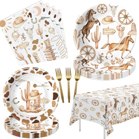 PRICES MAY VARY. 【Cowboy Party Decorations】Create an authentic wild west cowboy birthday party with this Western party decorations tableware set. Featuring classic Western motifs such as cowboy hats, boots, and horseshoes, the decorations instantly transport your guests to the heart of the Wild West 【Party Package】Western cowboy theme party decorations included 24pcs 9'' western dinner plates, 24pcs 7'' cowboy dessert plates, 24pcs paper napkins, 24pcs disposable forks, 1pcs western cowboy table Cowboy Birthday Party Decorations, Wild West Birthday Party, Cowboy Party Decorations, Cowboy First Birthday, Wild West Birthday, Rodeo Birthday Parties, Cowboy Theme Party, Wild West Theme, Wild West Party