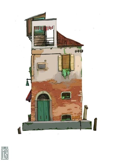 Cartoon Building, Building Painting, Cartoon House, Digital Painting Techniques, Architecture Drawing Art, House Illustration, Building Art, Scene Design, Landscape Illustration