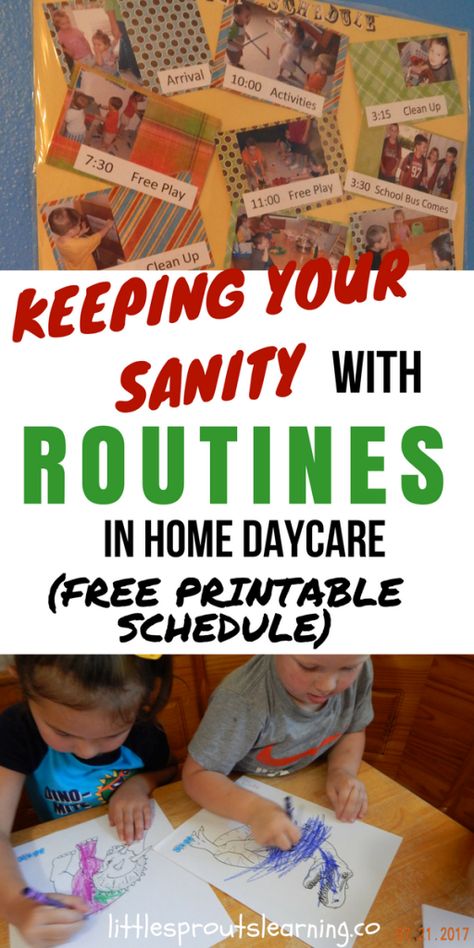 Keeping your Sanity with Routines in Home Daycare (With free printable schedule) Home Daycare Schedule, Daycare Daily Schedule, Inhome Daycare, In Home Daycare, Daycare Schedule, Home Daycare Ideas, Daycare Rooms, Printable Schedule, Home Childcare