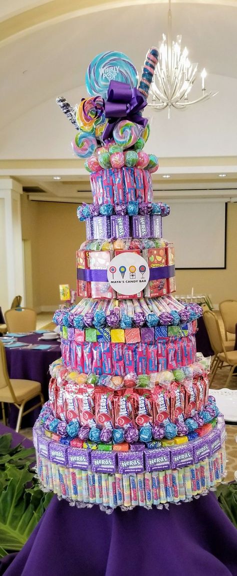 Candy Bar Cake Tower, Candy Birthday Basket, Candy Tower Ideas, Diy Candy Cake Tower, Cake Made Of Candy, Candy Basket Ideas Birthday, Candy Tray Ideas, Candy Bouquet For Kids, How To Make A Candy Bouquet