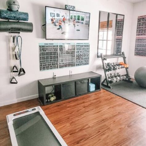 Dining Room Turned Home Gym Inspo with a step-by-step tutorial to install a barre ballet bar using shelf brackets and $7 mirrors! Shop our Home Gym AND Prime Day deals at https://liketk.it/4L0PE Find the full tutorial at https://simplemadepretty.com/small-home-gym/ #beforeandafterhome #diyreel #diyreels #reelsdiy #doityourselfproject #diytutorial #homegymideas #smallhomegym #diyhomegym #diybarre #budgetdecor #spareroomideas #beachbodyworkout Simple At Home Gym, Home Gym With Tv, Barre Ballet, Ballet Bar, House Gym, Small Home Gym, Workout Room Home, Gym At Home, Diy Home Gym