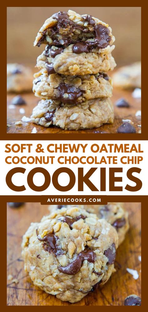 BEST EVER Oatmeal Coconut Chocolate Chip Cookies - Averie Cooks Oatmeal Raisin Cookies With Coconut Oil, Oatmeal Chocolate Chip Coconut Pecan Cookies, Oatmeal Coconut Chocolate Cookies, Oatmeal Cookies White Chocolate Chip, Coconut Oatmeal Recipes, Coconut Oil Oatmeal Chocolate Chip Cookies, Choco Chip Oatmeal Cookies, Coconut Oil Oatmeal Cookies, Chocolate Chip Coconut Cookies Recipes