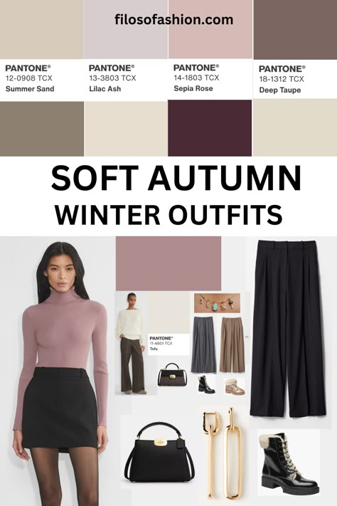 Soft Autumn Outfits For Winter Color Combinations For Soft Autumn, Patterns For Soft Autumn, Soft Autumn Winter Wardrobe, Soft Autumn Korean, Soft Autumn Business Casual, Soft Autumn Outfits Casual, Soft Autumn Black, Soft Autumn Color Outfits, Soft Autumn Palette Outfits