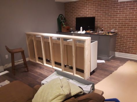 Transforming kitchen cabinets to a rustic bar - IKEA Hackers Bar With Stock Cabinets, Basement Bar Wall Cabinets, Basement Bar Makeover, Bar Hacks Diy, Diy Bar Island, Bar From Kitchen Cabinets, Bar With Cabinets Underneath, Bar From Cabinets, Diy Bar With Cabinets