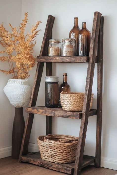 "Add rustic charm to your home with a DIY Vintage Ladder Shelf! 🛠️📚 Perfect for blending storage with style. 🌟✨ #DIYLadderShelf #VintageDecor #HomeProjects" Diy Standing Shelf, Diy Ladder Shelf, Rustic Ladder Shelf, Standing Shelf, Vintage Ladder, Diy Ladder, Rustic Ladder, Vintage Interior Design, Standing Shelves