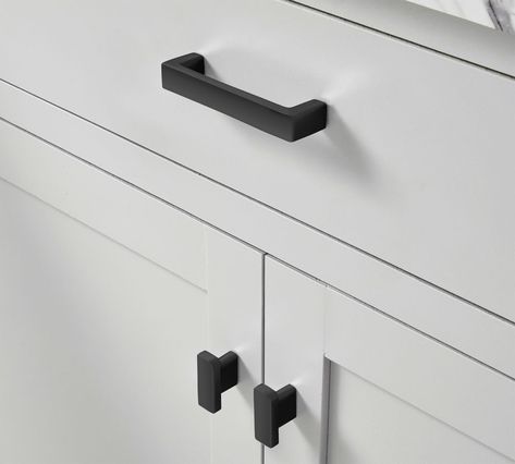 Square Pulls Cabinet Hardware, Cabinet Hardware Kitchen Black, Black Bathroom Cabinet Handles, Matte Black Pulls On White Cabinets, Lack Cabinet Pulls, Black Drawer Knobs Bathroom, Farmhouse Hardware Drawer Pulls, Kitchen Cabinet Hardware Lowe's, Black Matte Drawer Pulls