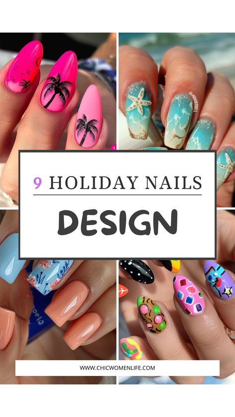 9 holiday nails design ideas Tropical Holiday Nails, Tropical Christmas Nails, Beach Themed Nails, Vacation Nails Beach, Ice Cream Trucks, White Summer Nails, Hawaii Nails, Bright Pink Nails, Cruise Nails