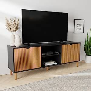 Contemporary Fluted TV Stand - 2023 Collection - 70” Entertainment Center Console Table with Storage for Living Room - Fits 32 to 80" TVs (Black and Oak) Fluted Tv Stand, Oak Corner Tv Stand, Fluted Wood, Console Table With Storage, Wood Cabinet Doors, Dresser Tv Stand, Home Entertainment Centers, Electric Fireplace Tv Stand, Adjustable Bed Frame