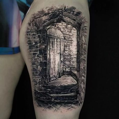 Tattoo uploaded by Old London Road Tattoos | We a-door this sketchy piece by Sim (@sim_tattoos)! Stop by to check out his work, the door is always open (from 10.30-6) 🚪💖 | 1059101 | Tattoodo Road Tattoos, Road Tattoo, England Tattoo, Cathedral Tattoo, Building Tattoo, Church Tattoo, Scottish Tattoo, Engraving Tattoo, Tattoo Prices