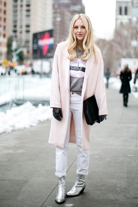 NYFW Street Style Day 3 Silver Ankle Boots, How To Wear Ankle Boots, Boots Outfit Ankle, Fall 2014 Fashion, Silver Boots, Nyc Street Style, Pastel Outfit, Nyfw Street Style, Pink Coat