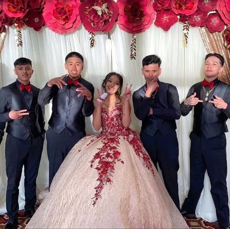 Quince Family Outfits, Quince Court Outfits Red, Burgundy Chambelanes Outfits, Red Quince Chambelanes Outfits, Red And Gold Chambelanes Outfits, Red Chambelanes Outfits, Red Quince Invitations, Chambelanes Outfits Quinceanera Red, Quince Court Outfits