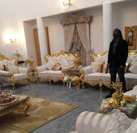 Nigerian Pop artist in his beautiful home in Nigeria Nigerian Living Room Furniture, Nigerian Home Decor, Billionaire Club, Golden Furniture, Tropical Bohemian, African Home, African Home Decor, Me And Bae, The Masters