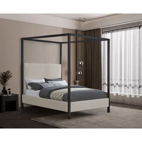 Joss & Main Dulane Upholstered Metal Canopy Bed & Reviews | Wayfair Canopy King Size Bed, Queen Canopy Bed, Metal Canopy Bed, Glam Furniture, Bed Black, Steel Canopy, Beige Bed, White Headboard, Padded Headboard