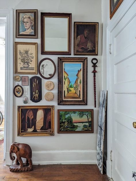 Vintage Print Gallery Wall, Corner Hallway, Gallery Wall Around Window, Wall Picture Frame Collage, Gallery Pictures, Wood Frame Gallery Wall, Gallery Wall Accent Pieces, Wooden Frame Gallery Wall, Picture Frame Corner Wall