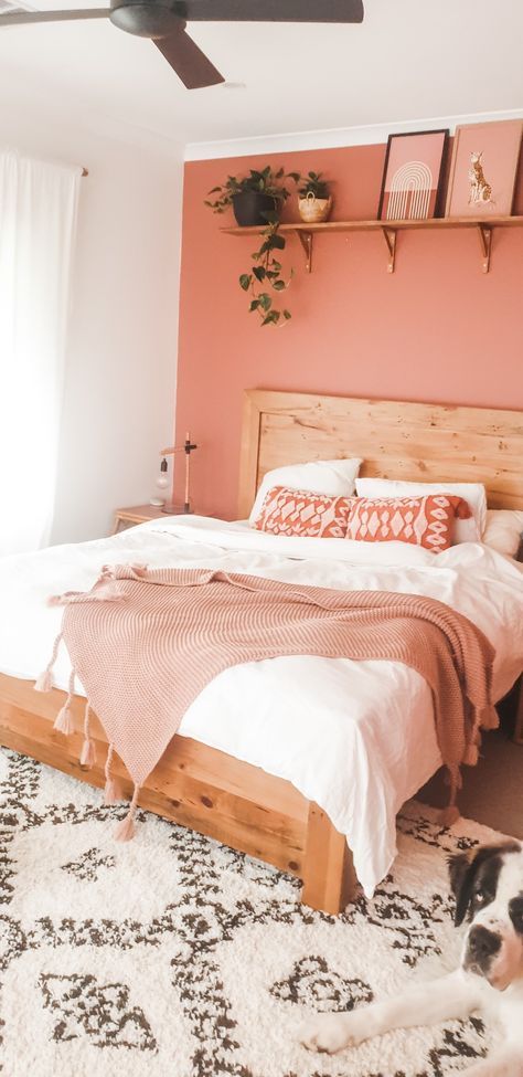 Boho Bedroom Coral Walls, Salmon Pink Bedroom Ideas, Peachy Boho Bedroom, Terracotta Master Bed, Peach Color Bedroom Ideas Wall, Rust And Blush Bedroom, Coral Room Aesthetic, Pink Walls Boho Bedroom, Rust Pink Bedroom