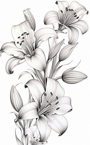 Saint Joseph = white Lillies Lily Forearm Tattoo Women, Lily Flower Tattoos Color, Lily Half Sleeve Tattoo, Tattoo Japanese Flower, Fineline Lily Tattoo, Lilly Tattoo Stencil, Lilies Flowers Drawing, Lily Flower Tattoos Sleeve, Lilly And Rose Tattoo