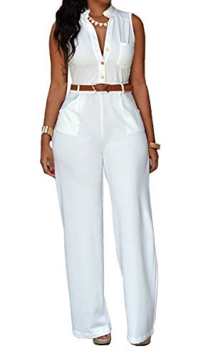 Roswear Women's Sexy Plunge V Neck Belted Wide Leg Jumpsuits Dress White XX-Large White Jumpsuits, Jumpsuit With Belt, Slim Jumpsuit, Overalls Fashion, Trendy Jumpsuit, Formal Jumpsuit, Women Office, Cheap Shoes, White Party